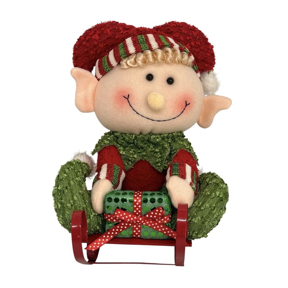 Christmas Elf Decoration On Red Metal Sled 10” Plush Holding Present